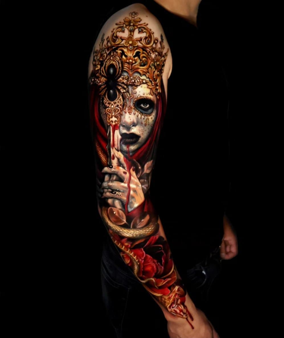 Crowned figure with snake and rose