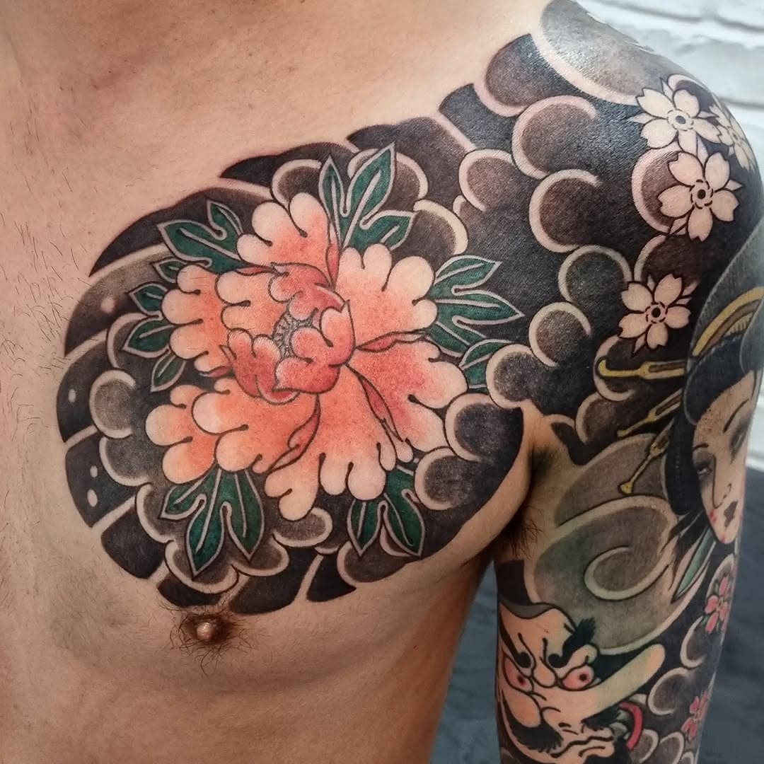 Vibrant Peony with Japanese Motifs