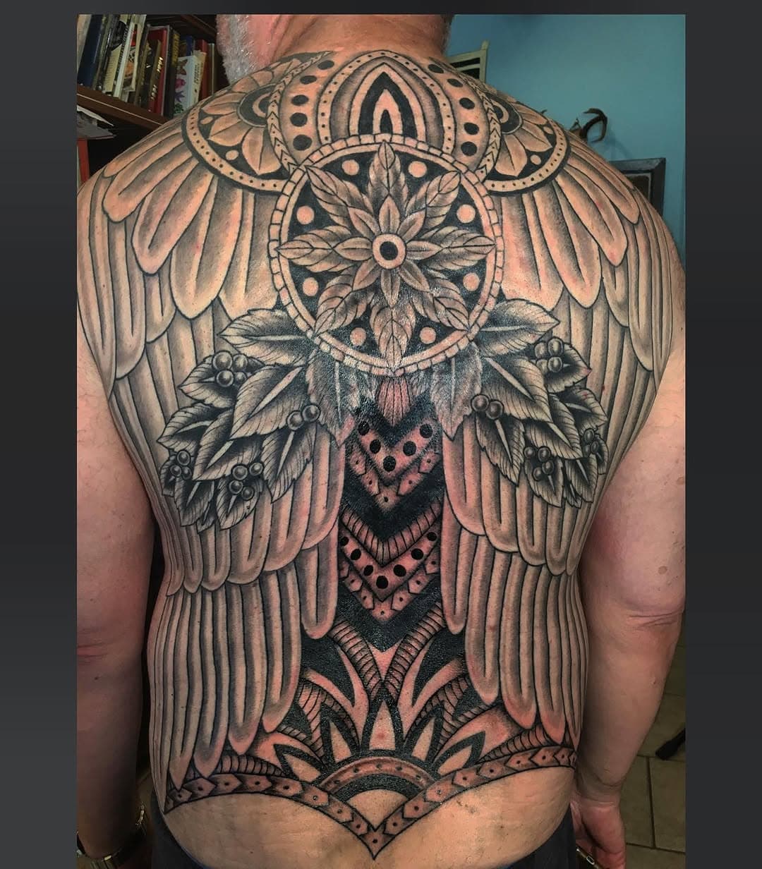 Ornate Back Adornment with Wings and Floral Mandala