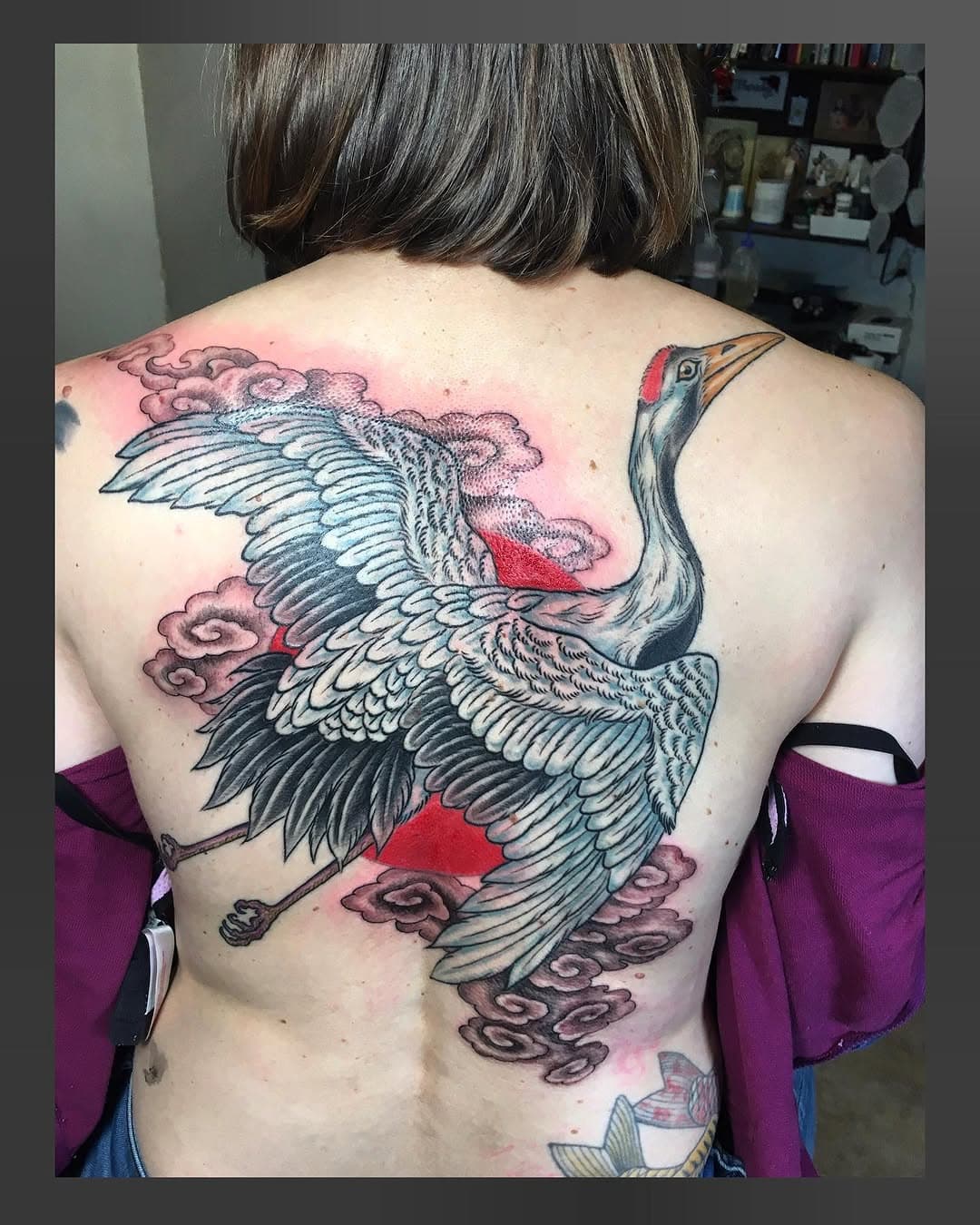 Flying Crane with Clouds