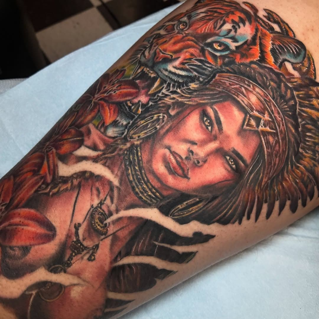 Fierce woman and feline spirit