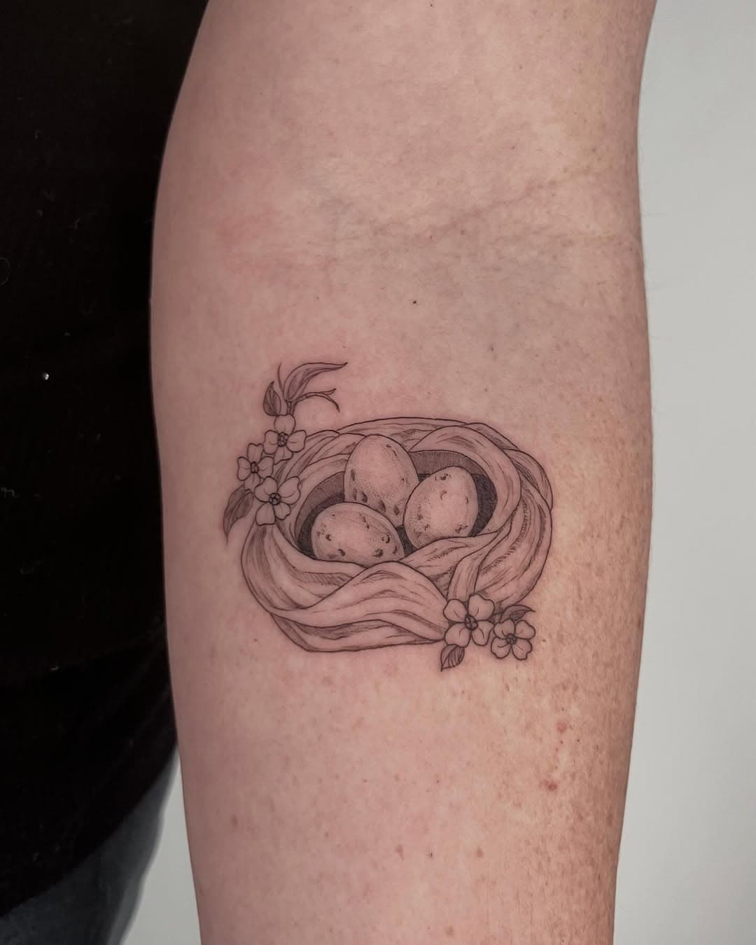 Bird nest with eggs and blossoms