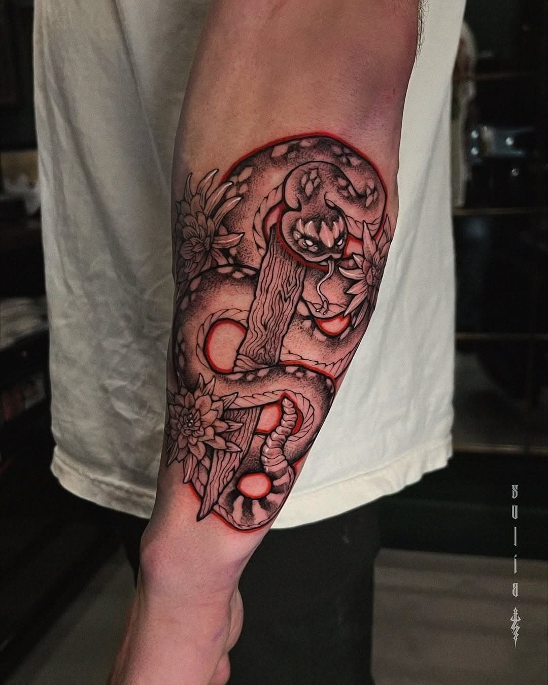 A serpent and flora wrapped around a dagger