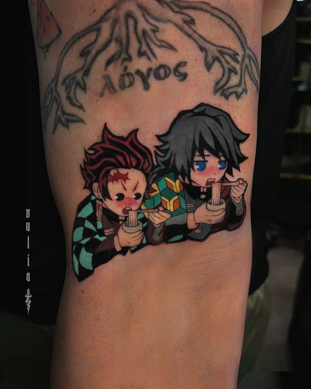 Anime figures sharing a meal