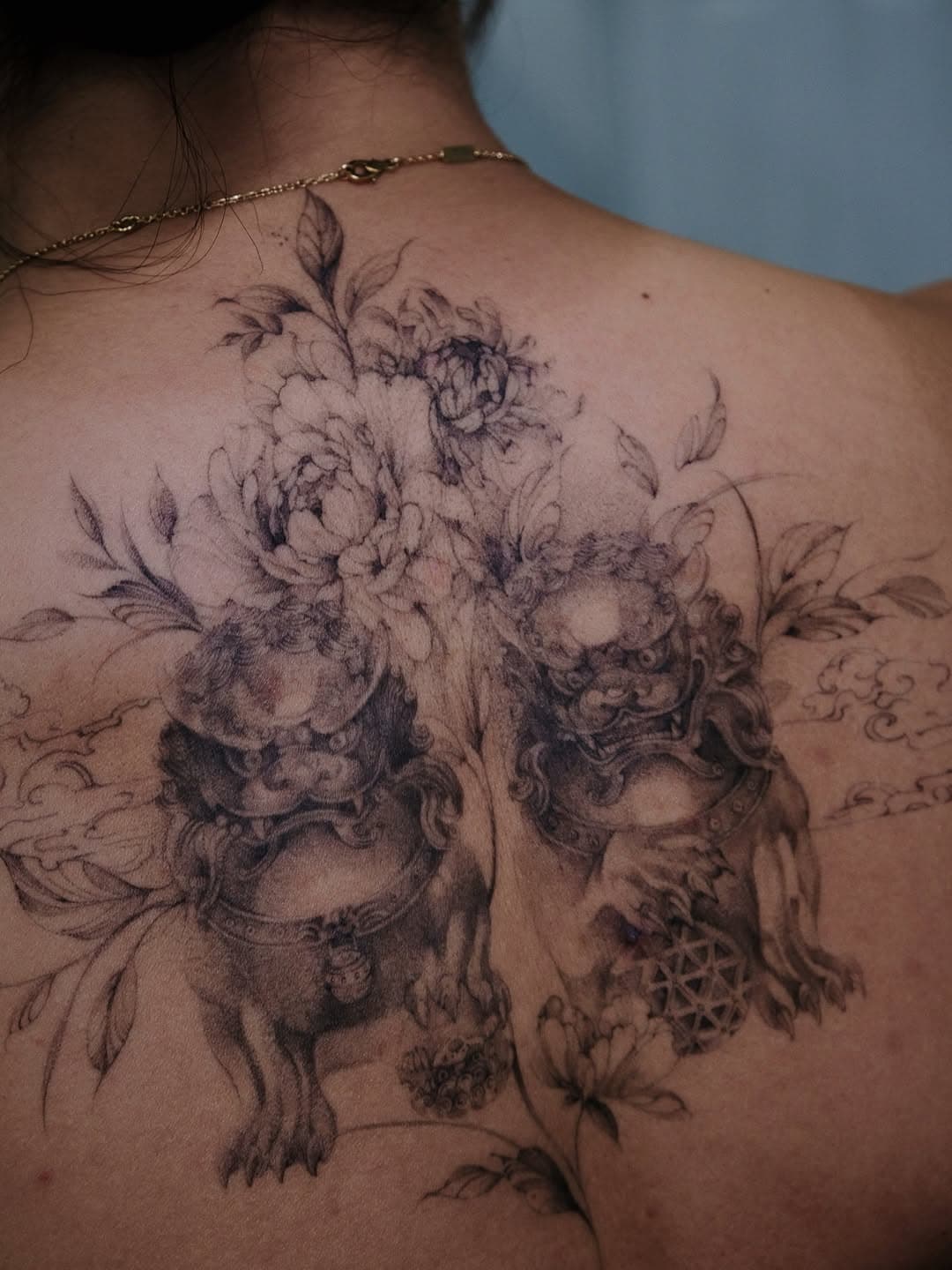 Foo Dog and Peony Back Adornment