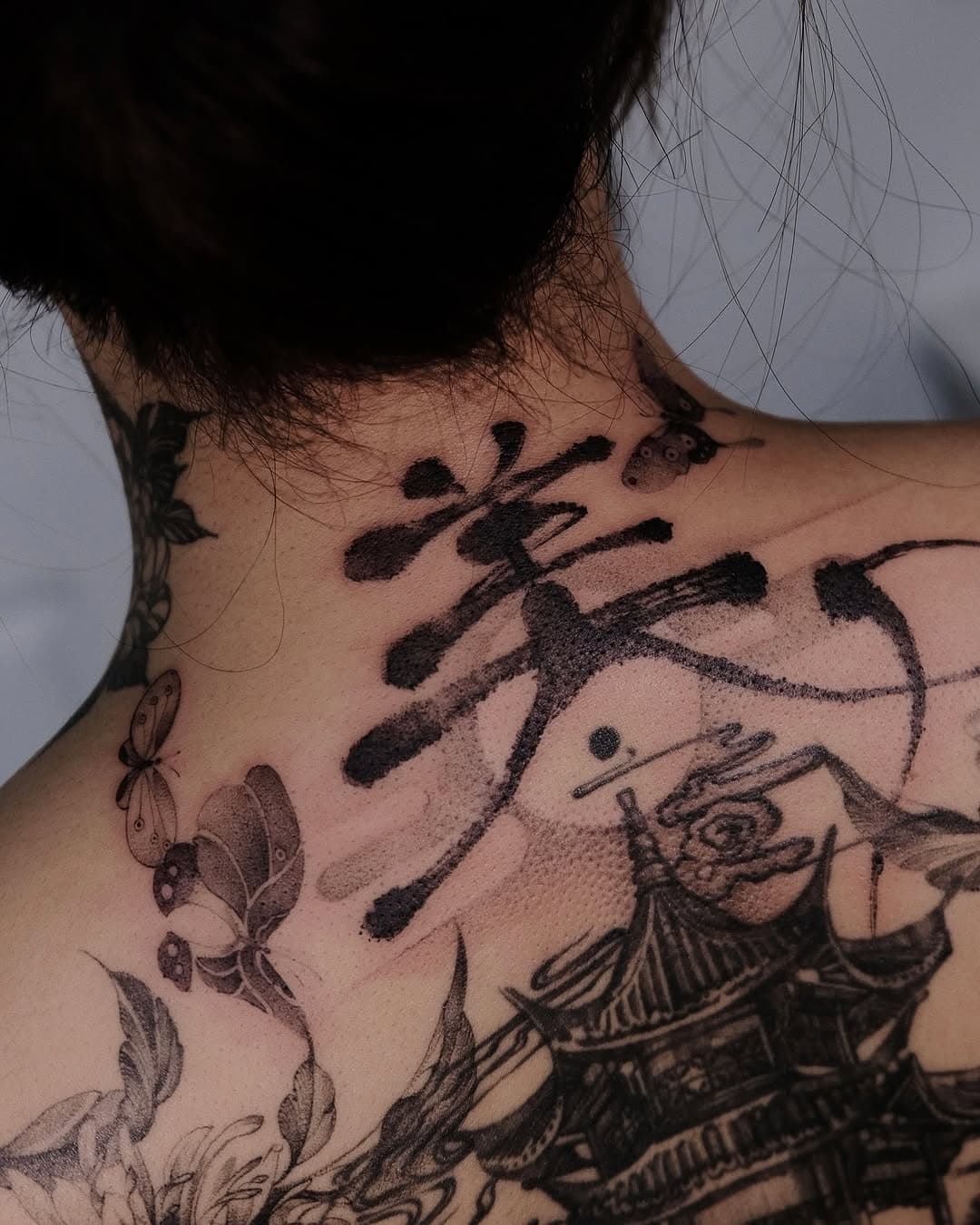 Eastern Calligraphy and Pagoda Scene