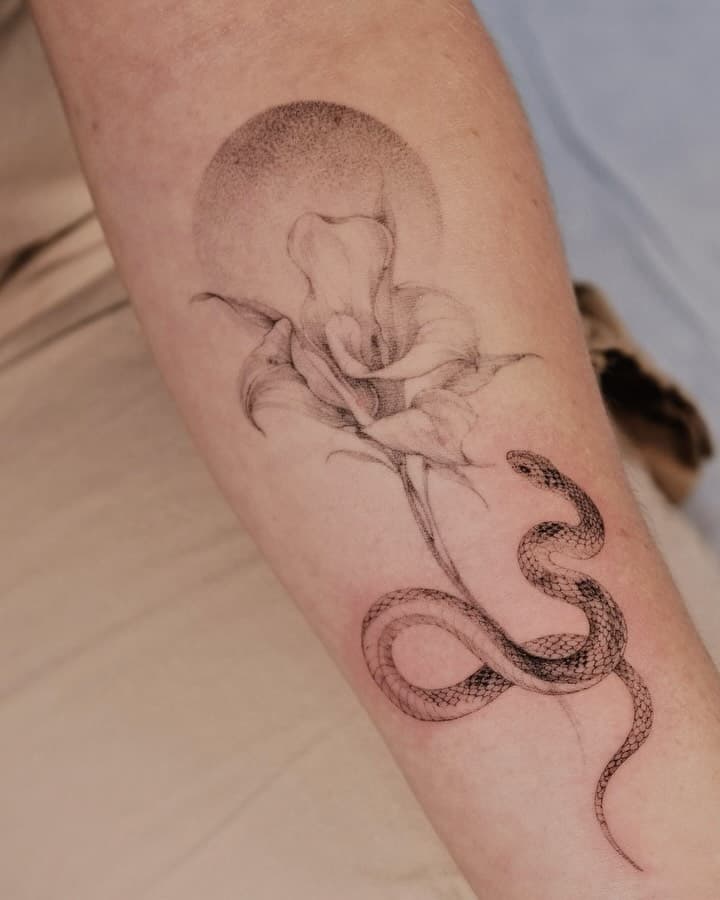 Coiled Snake and Calla Lily