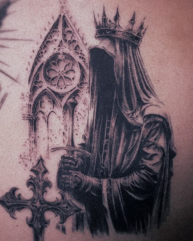 Crowned robed figure with sword and gothic architecture