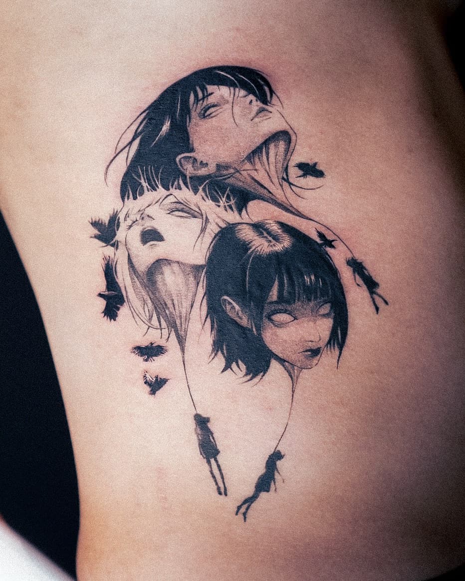 Three female faces and floating figures