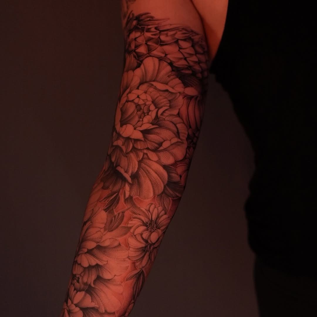 Peony blossom and scales arm artwork