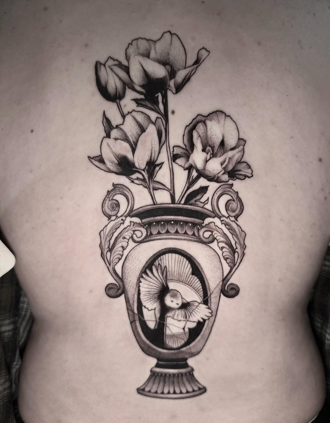 Ornate Vase with Blooming Flowers and Bird
