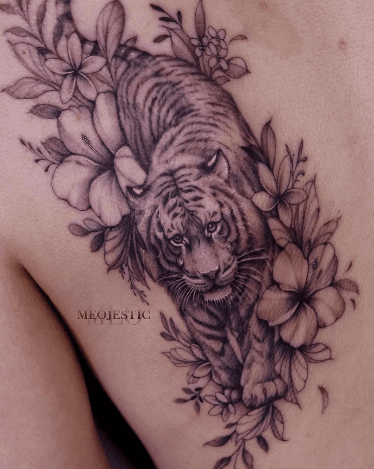 Prowling Tiger with Hibiscus