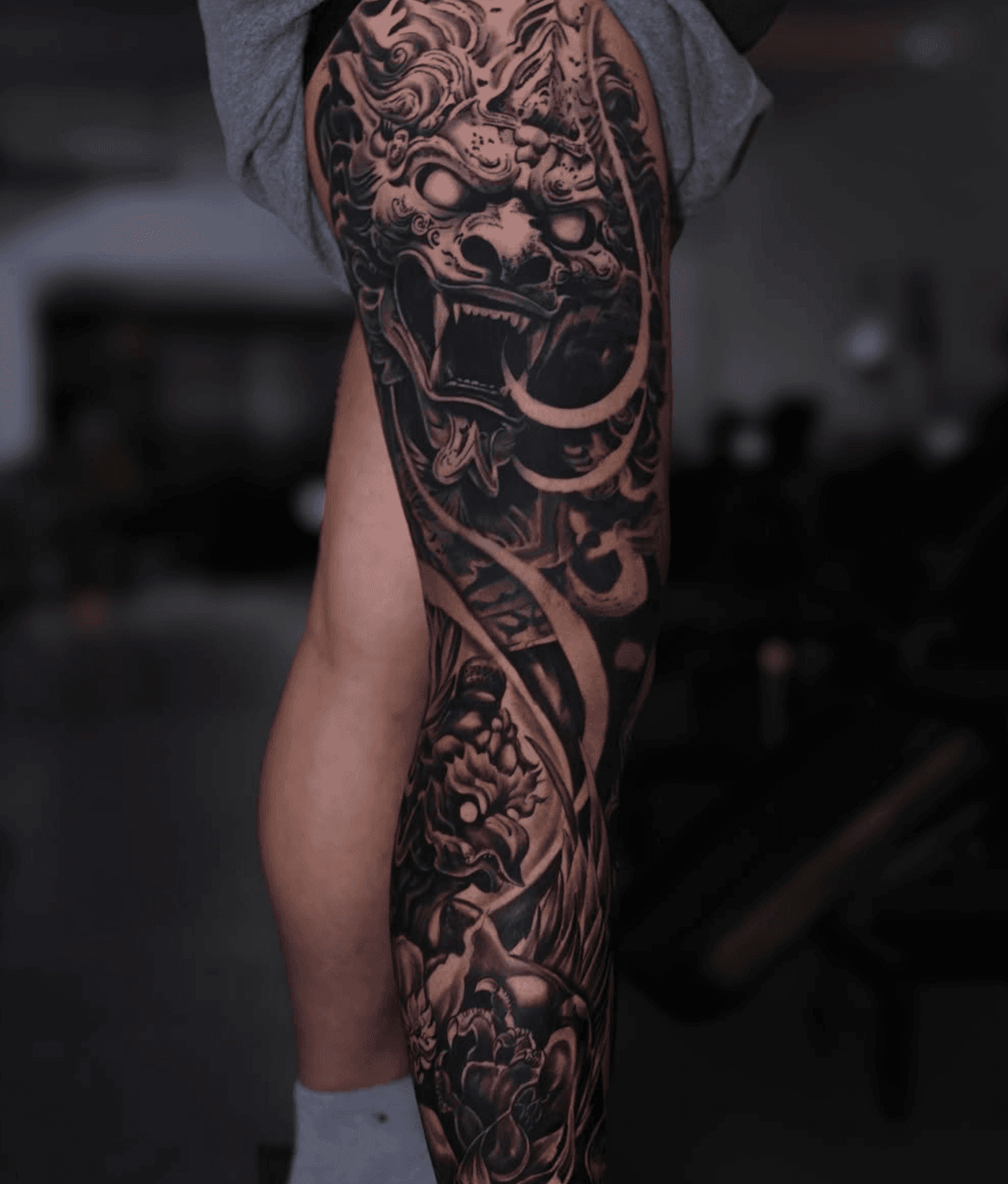 Full Leg Khmer Dragon and Peonies