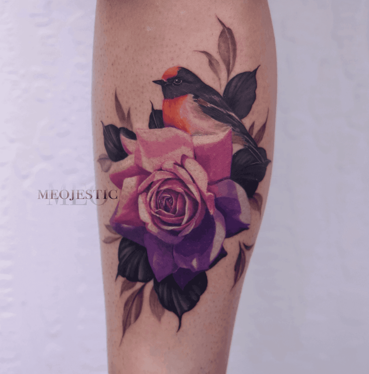 Vibrant Bird on Purple Rose