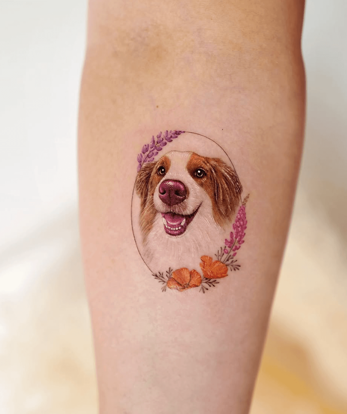 Australian Shepherd Portrait with Floral Elements