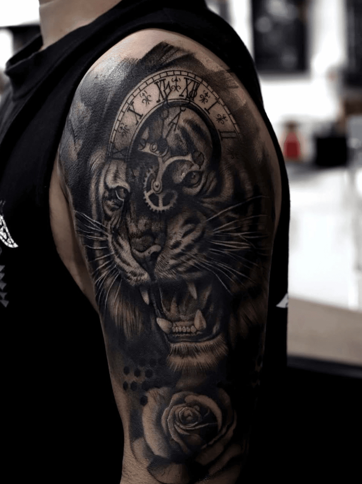 Roaring Tiger with Clock and Rose