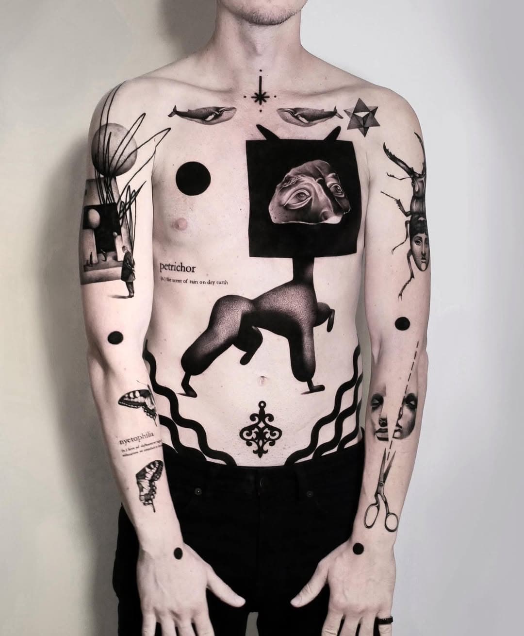 Surreal body art with abstract forms