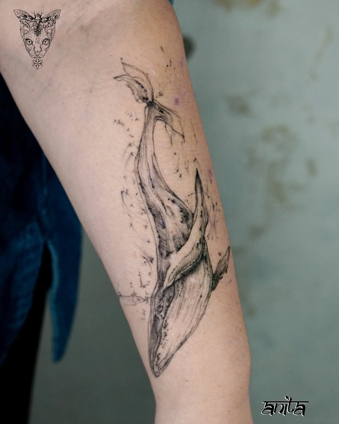 Ascending whale and moth-cat emblem