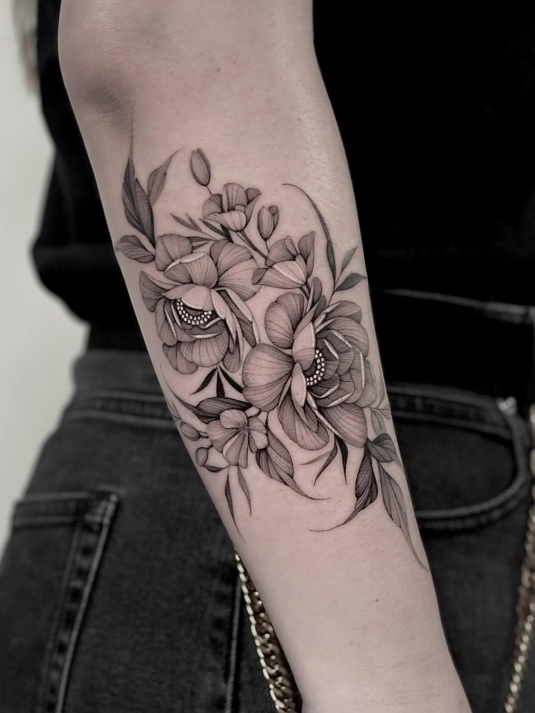 flower and bud fine line style tattoo by Brittnaami