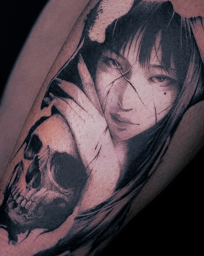 Anime-inspired portrait with skull