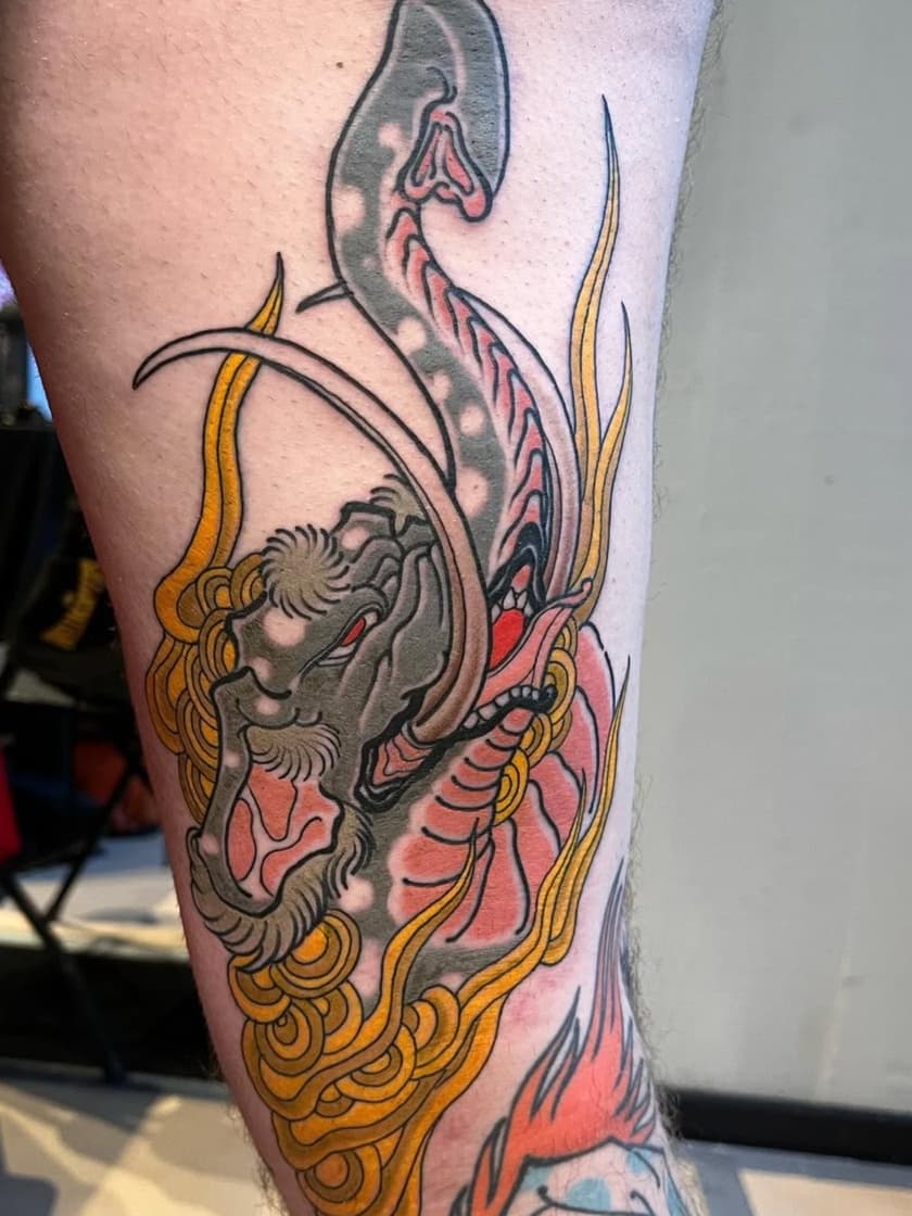 Mythical Beast and Serpent on Leg
