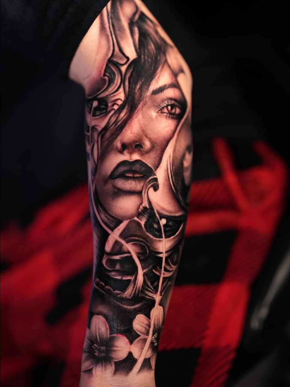 Realistic Woman's Face with Floral and Abstract Forms