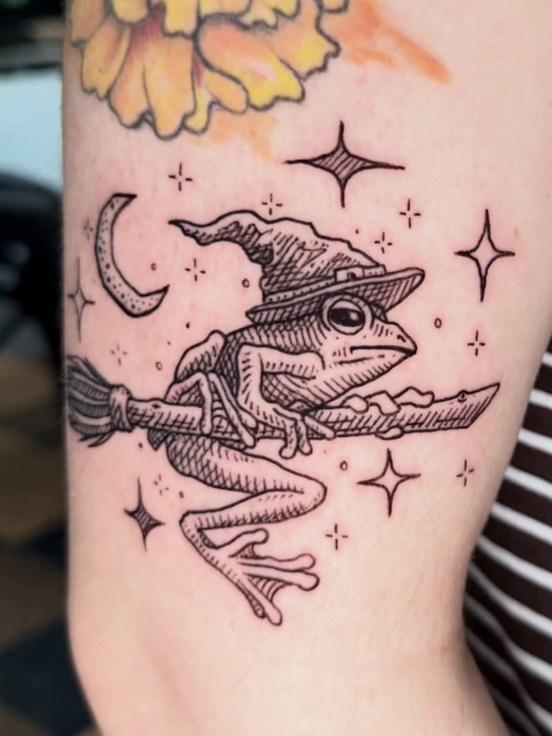 Witch frog on broom