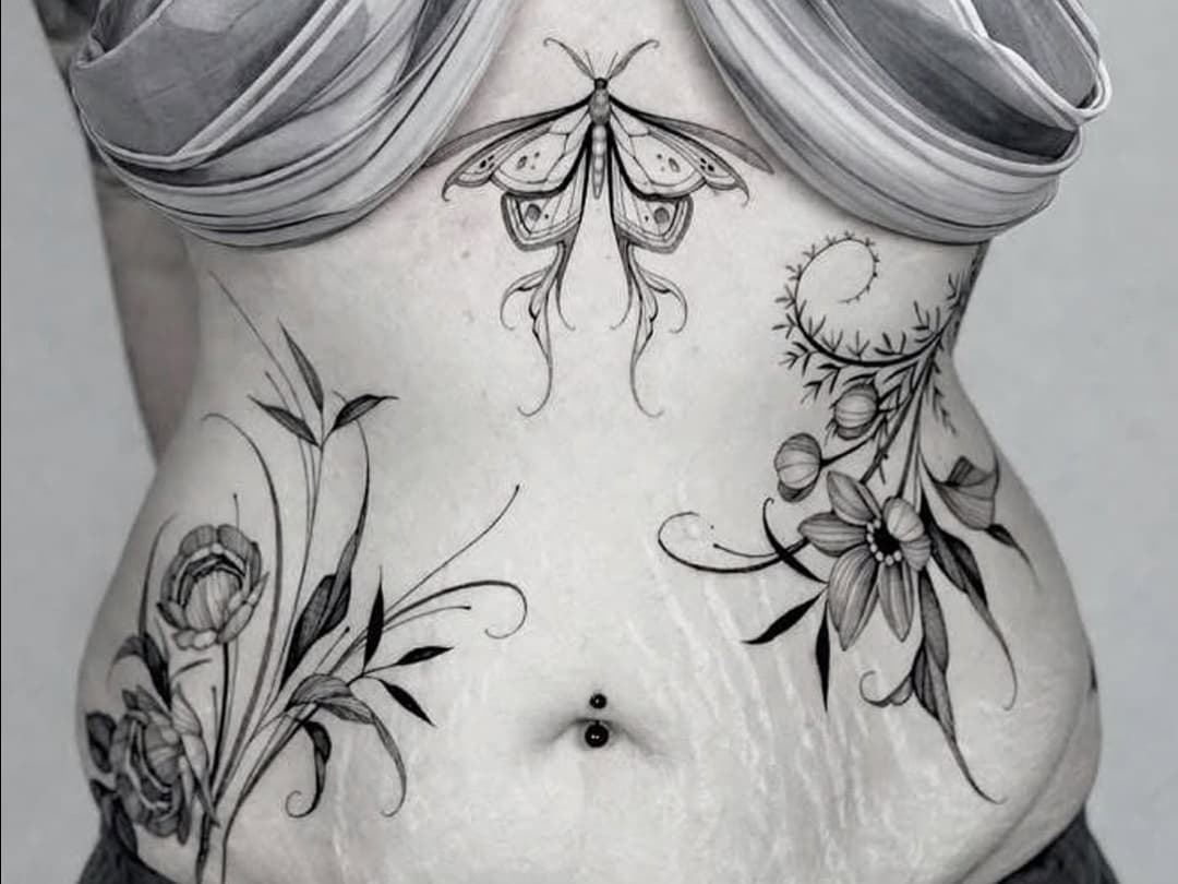 Moth and botanical abdomen adornment