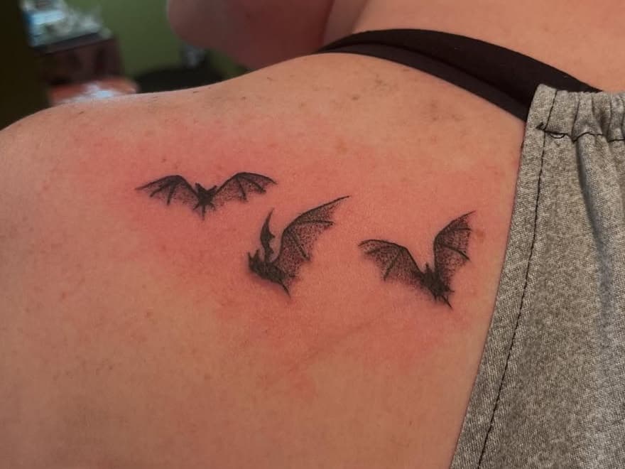 Three flying bats and abstract mark