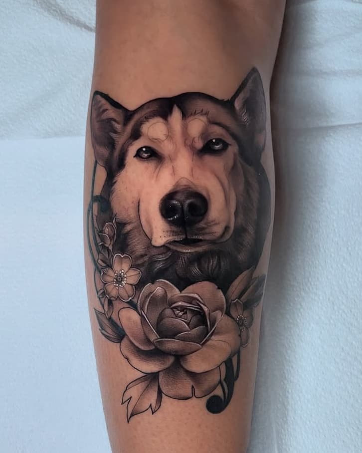 Husky Dog Portrait with Floral Elements