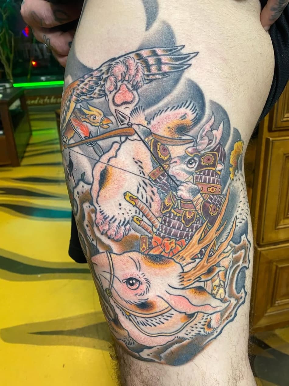 Warrior Rabbit on Boar with Hawk