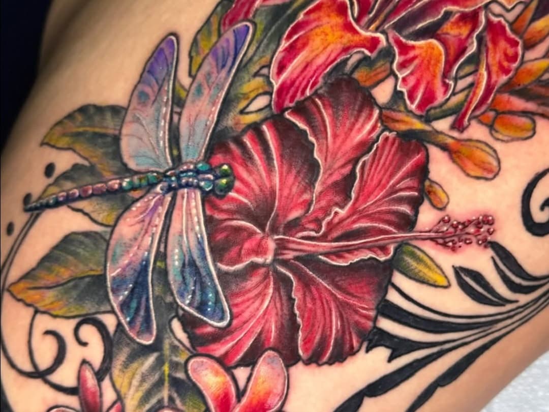 Tropical flora and dragonfly