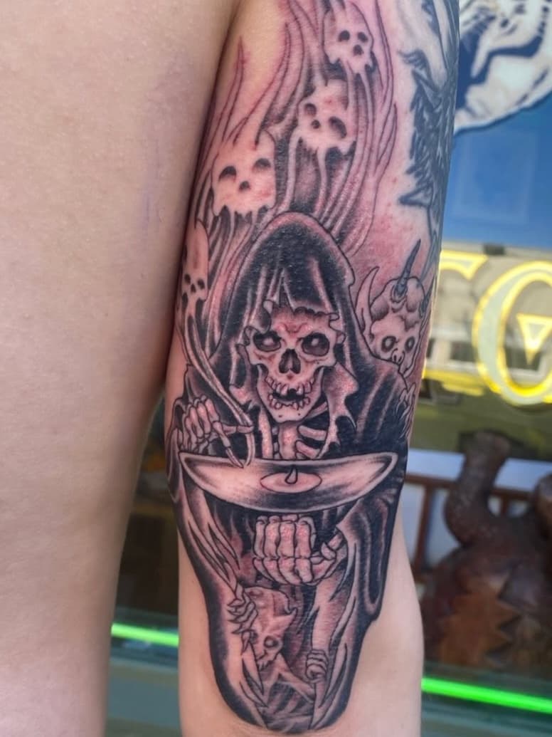 Grim Reaper and skulls arm piece