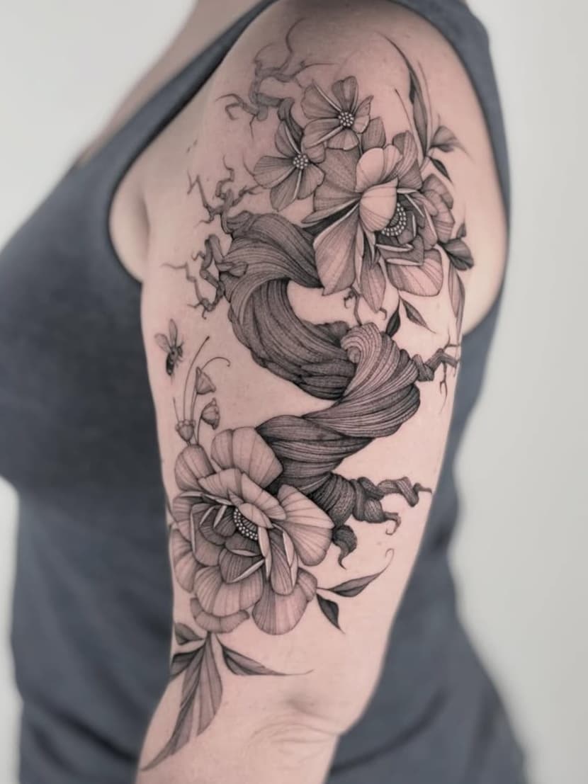 Intricate floral and ribbon arm art