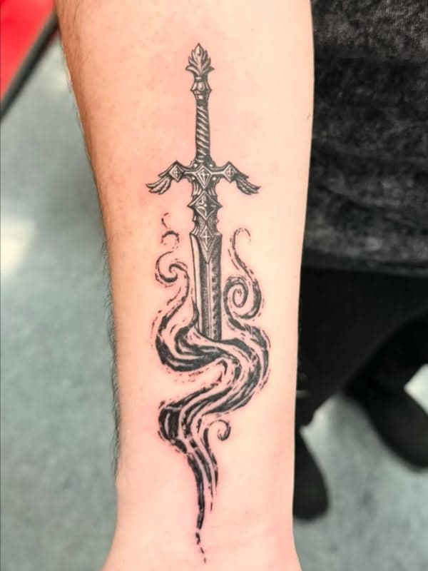 Ornate sword with swirling dark matter