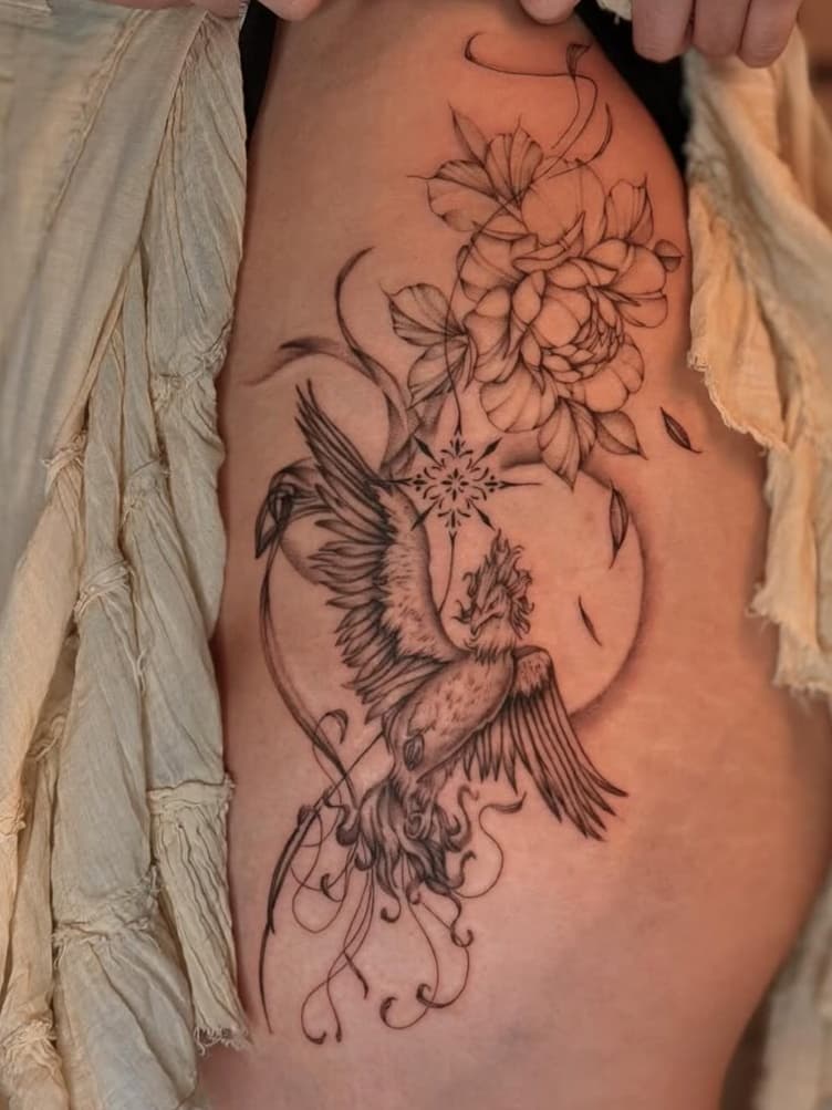 Mythical bird and peony blossoms